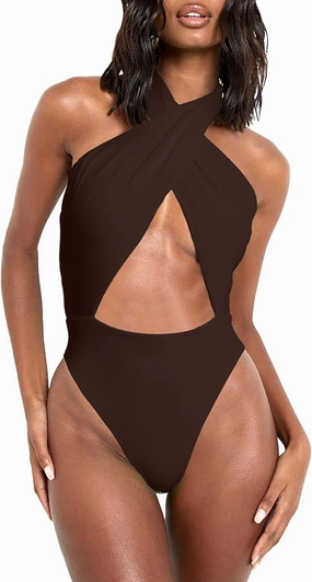 HYPERFIRE Women's Sexy Halter Criss Cross Swimsuit Cut Out One Piece Bathing Suit High Cut Swimwear