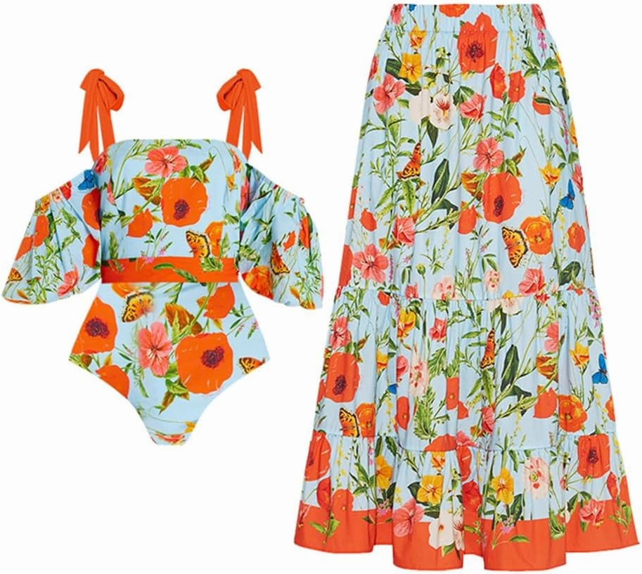 IBAKOM One Piece Swimsuit for Women with Matching Swim Long Skirt Sexy Push Up Bathing Suits Two Pieces Bikini Set