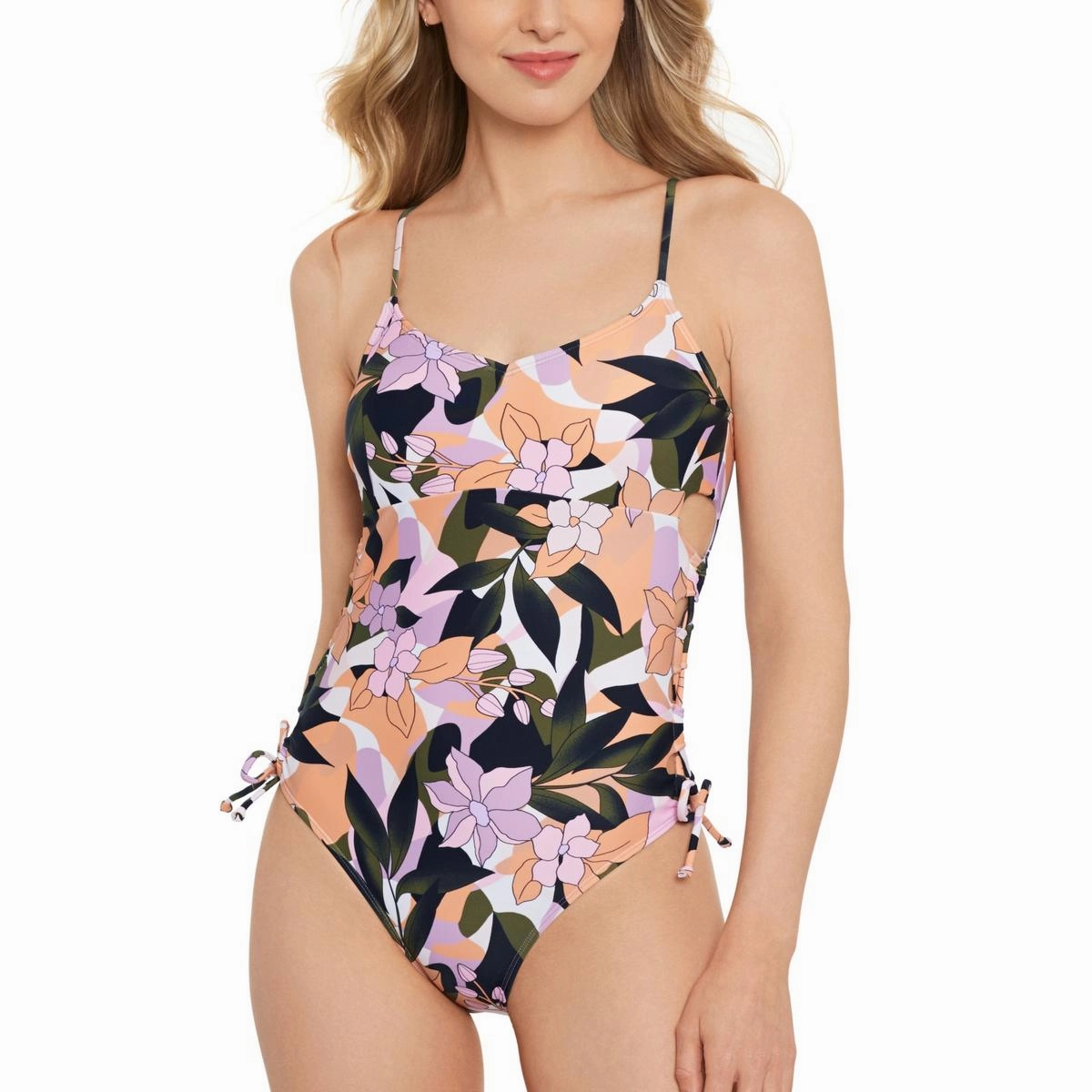 Juniors Womens Floral Print Lace-Up One-Piece Swimsuit