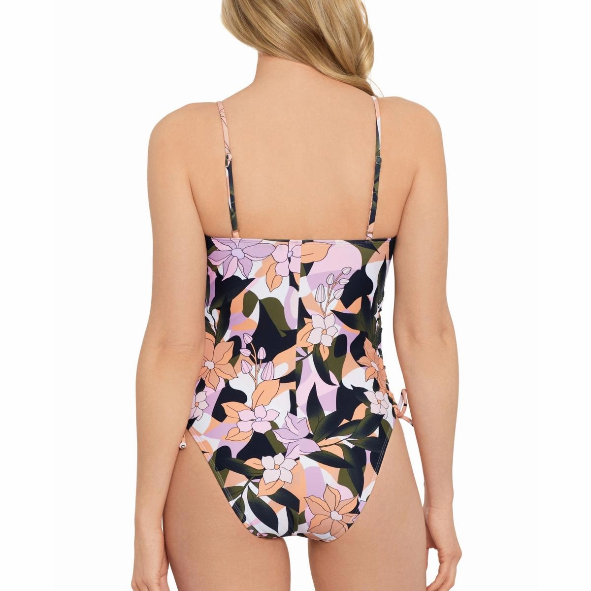 Juniors Womens Floral Print Lace-Up One-Piece Swimsuit