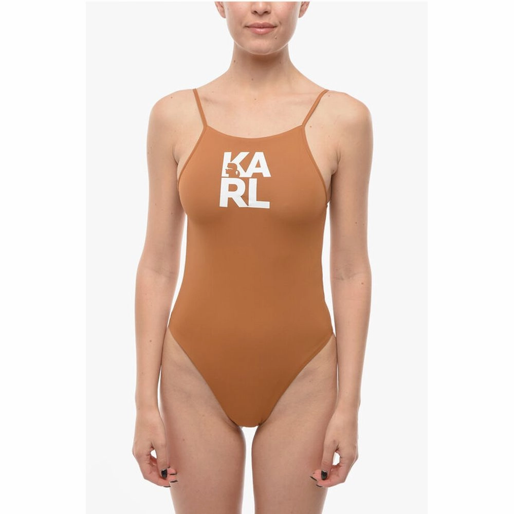Karl Lagerfeld Solid Color One-Piece Swimsuit with Printed Women's Logo