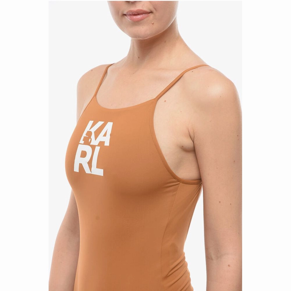 Karl Lagerfeld Solid Color One-Piece Swimsuit with Printed Women's Logo