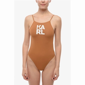 Karl Lagerfeld Solid Color One-Piece Swimsuit with Printed Women's Logo
