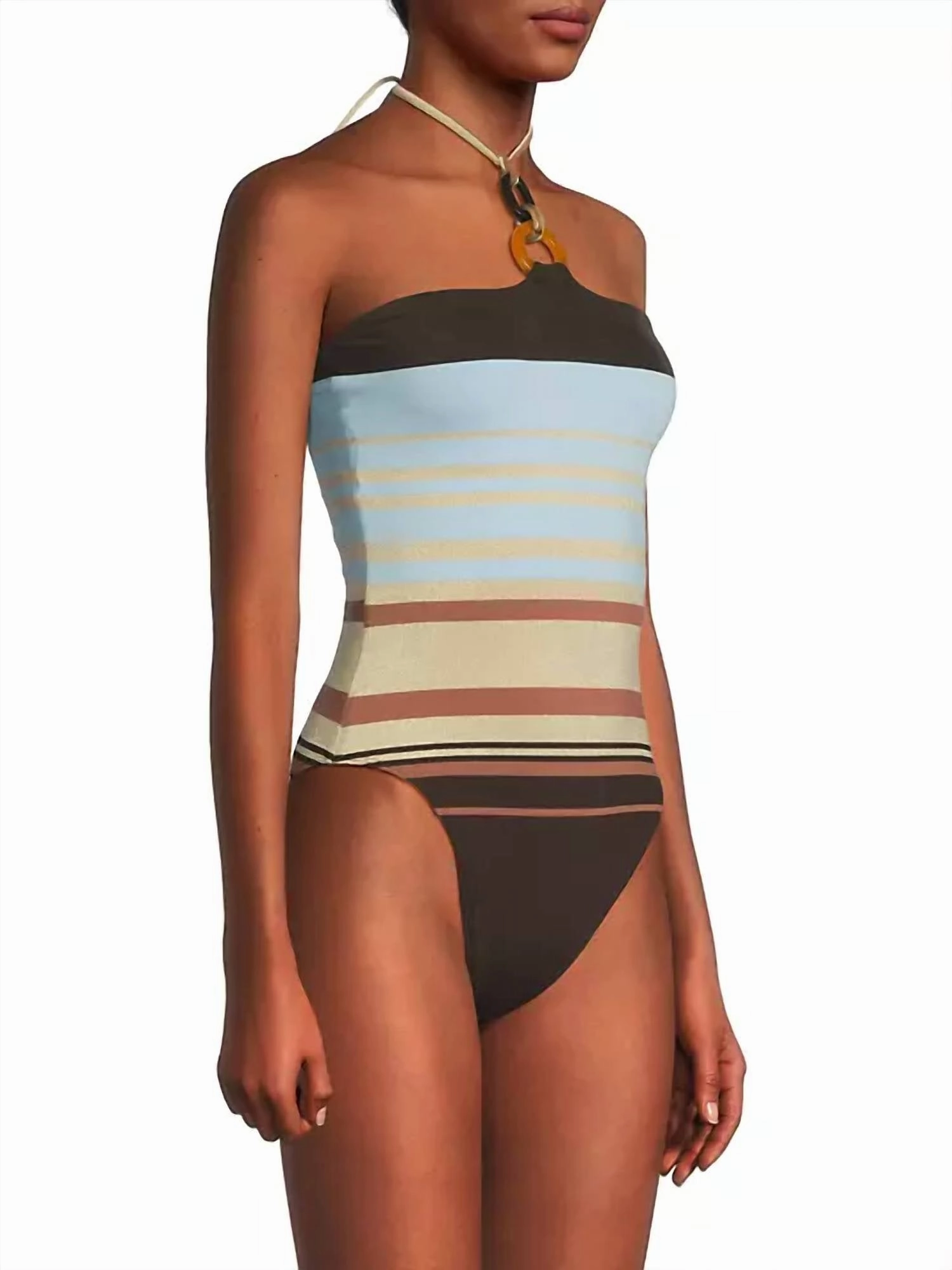 May Stripped Halterneck One Piece Swimsuit In Beach Brown Stripe