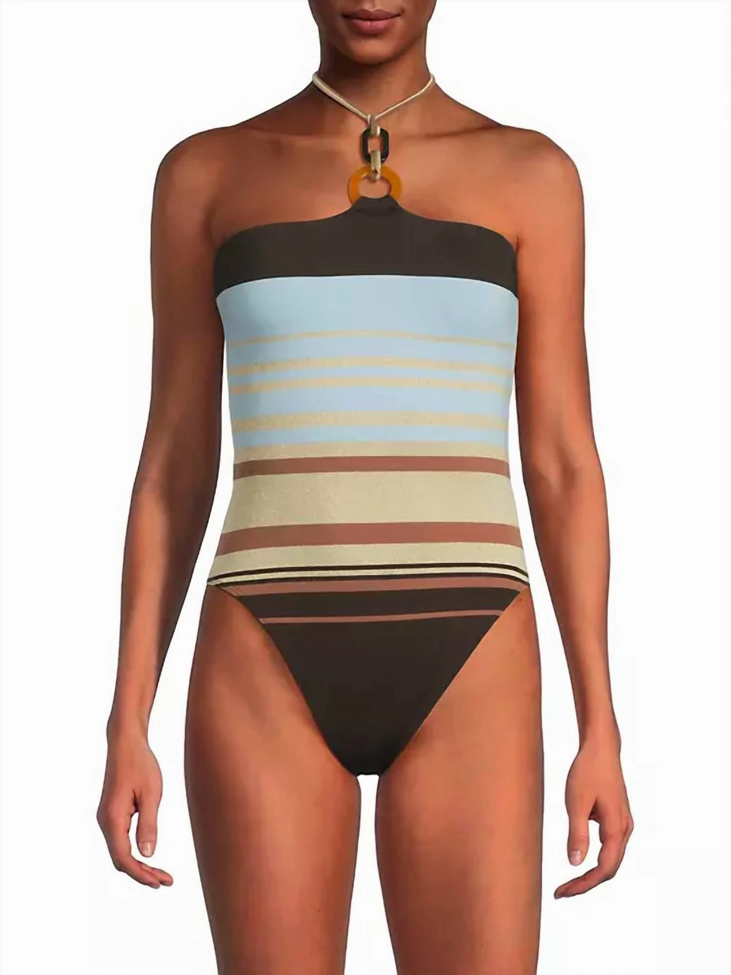 May Stripped Halterneck One Piece Swimsuit In Beach Brown Stripe