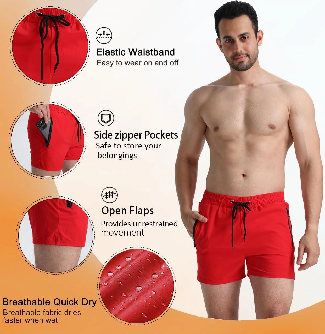 Mens 5" with Zipper Quick Dry Beach Shorts for Swimming Men Bathing Suit