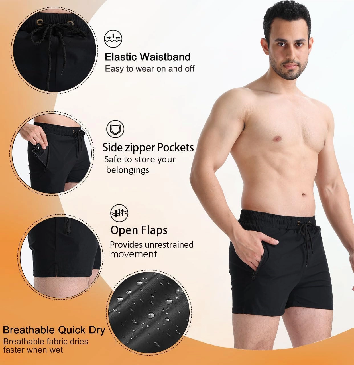 Mens 5" with Zipper Quick Dry Beach Shorts for Swimming Men Bathing Suit