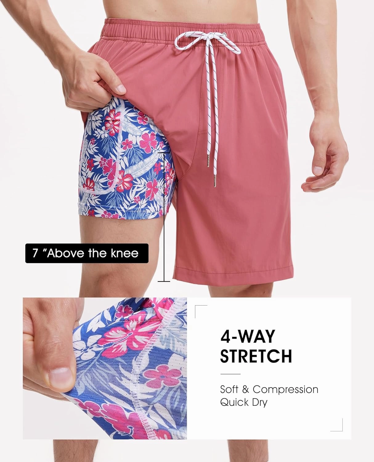 Mens 7 Inch Swim Trunks with Compression Liner Stretch Quick Dry Swim Shorts Swimsuits with Pockets