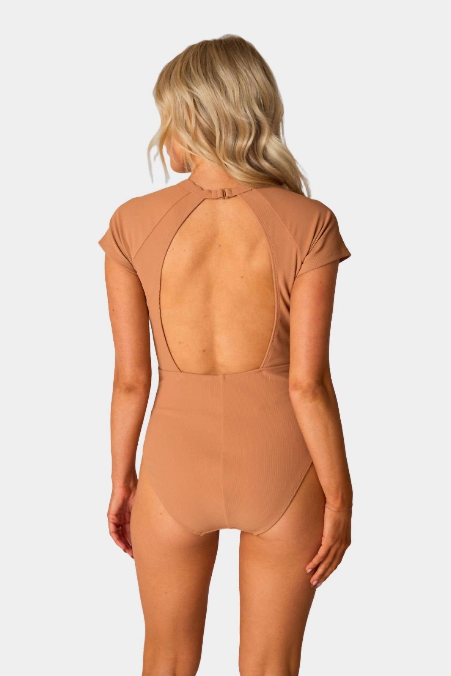 Mona Short Sleeve One-Piece Swimsuit In Tan
