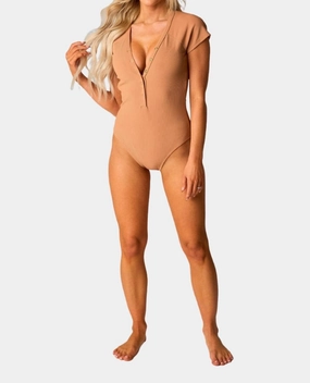 Mona Short Sleeve One-Piece Swimsuit In Tan