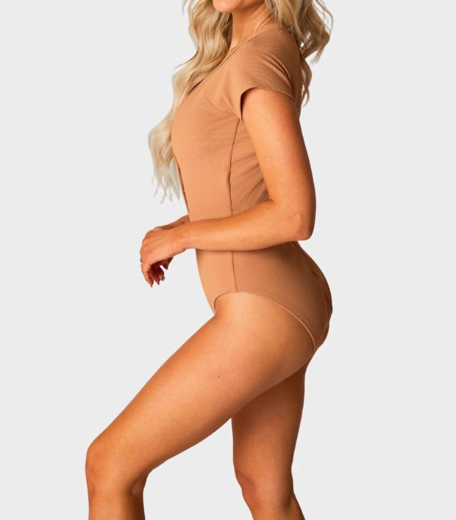 Mona Short Sleeve One-Piece Swimsuit In Tan