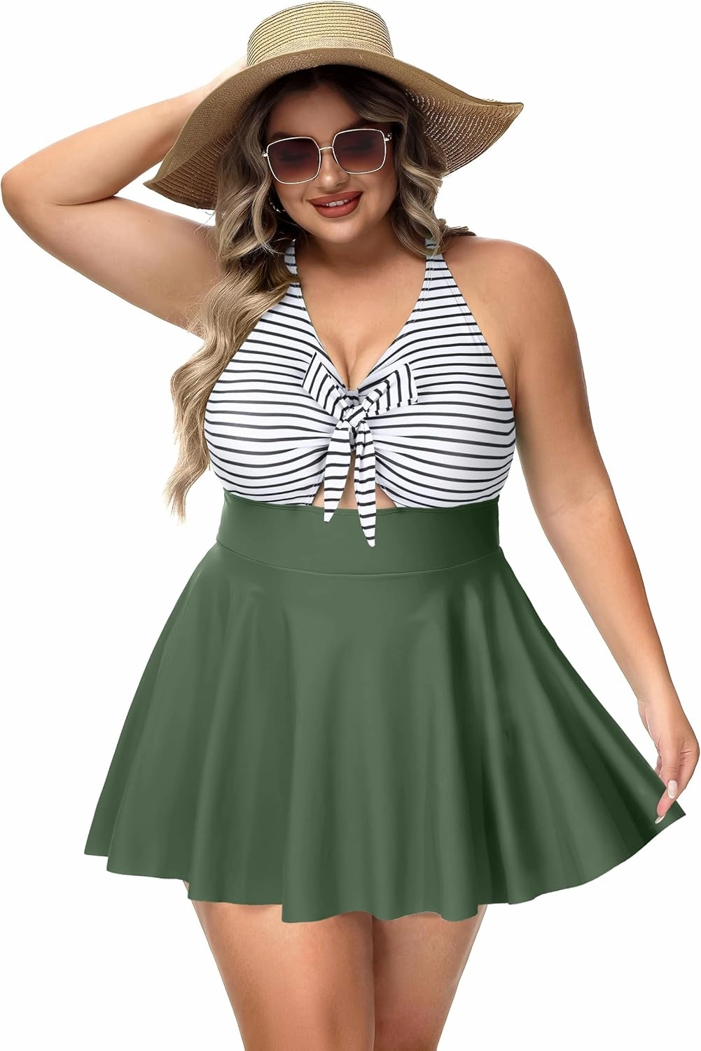 NIeyook Womens Plus Size One Piece Swimsuit with Skirt V Neck Cutout Flowy Swim Dress Tummy Control Bathing Suit