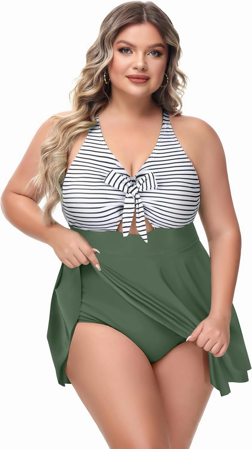 NIeyook Womens Plus Size One Piece Swimsuit with Skirt V Neck Cutout Flowy Swim Dress Tummy Control Bathing Suit