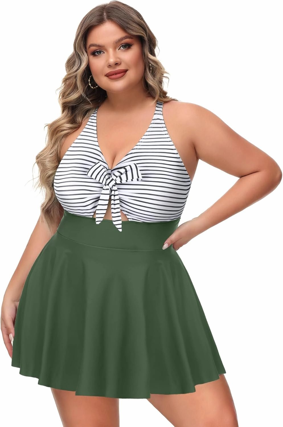 NIeyook Womens Plus Size One Piece Swimsuit with Skirt V Neck Cutout Flowy Swim Dress Tummy Control Bathing Suit