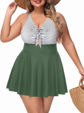 NIeyook Womens Plus Size One Piece Swimsuit with Skirt V Neck Cutout Flowy Swim Dress Tummy Control Bathing Suit