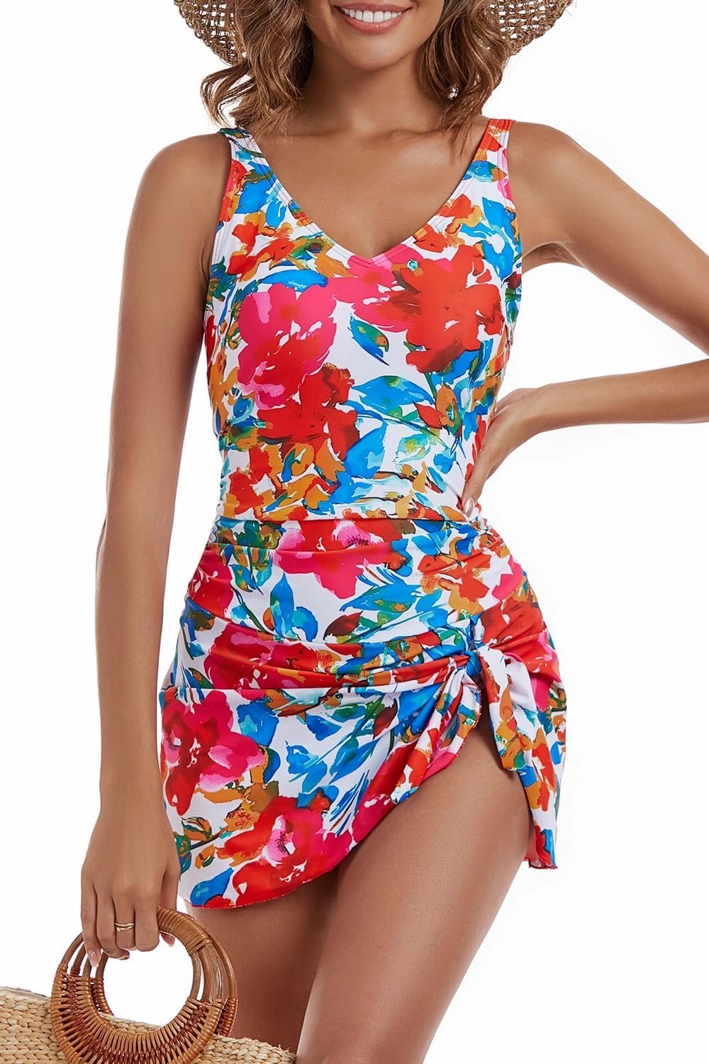 One Piece Swim Dress Swimsuits for Women Tummy Control Swimdress Skirt V Neck Bathing Suit