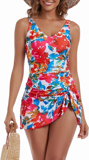 One Piece Swim Dress Swimsuits for Women Tummy Control Swimdress Skirt V Neck Bathing Suit