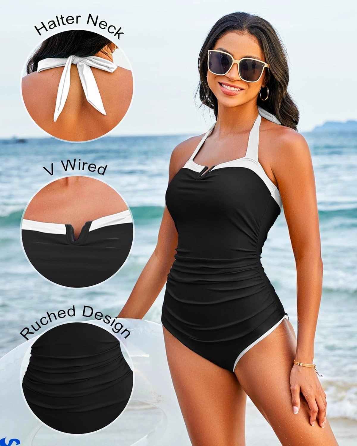 One Piece Swimsuit for Curvy Women - Tummy Control Bathing Suit Backless Color Block Halter Bandeau Modest Swimwear