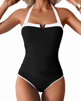 One Piece Swimsuit for Curvy Women - Tummy Control Bathing Suit Backless Color Block Halter Bandeau Modest Swimwear