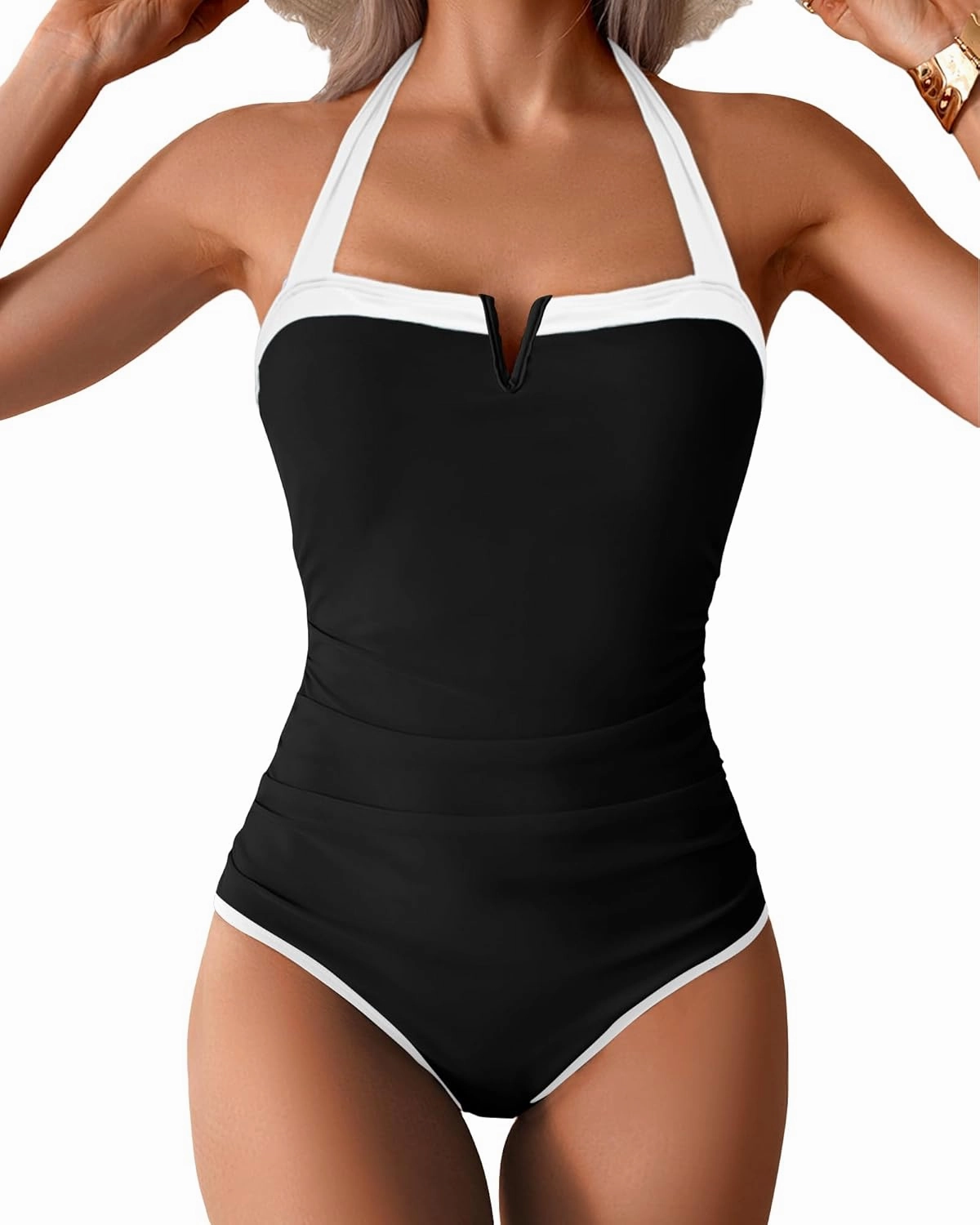 One Piece Swimsuit for Curvy Women - Tummy Control Bathing Suit Backless Color Block Halter Bandeau Modest Swimwear
