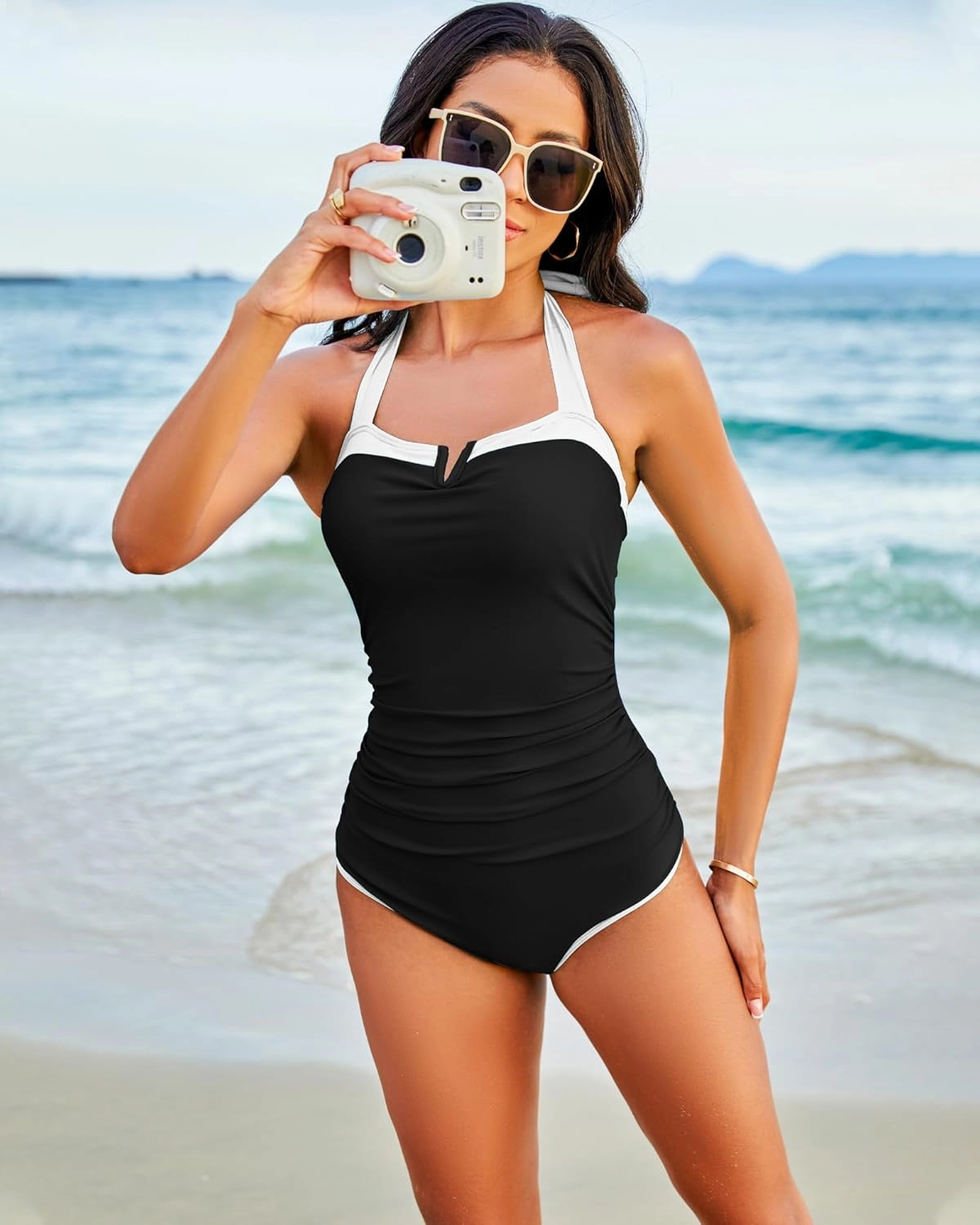 One Piece Swimsuit for Curvy Women - Tummy Control Bathing Suit Backless Color Block Halter Bandeau Modest Swimwear