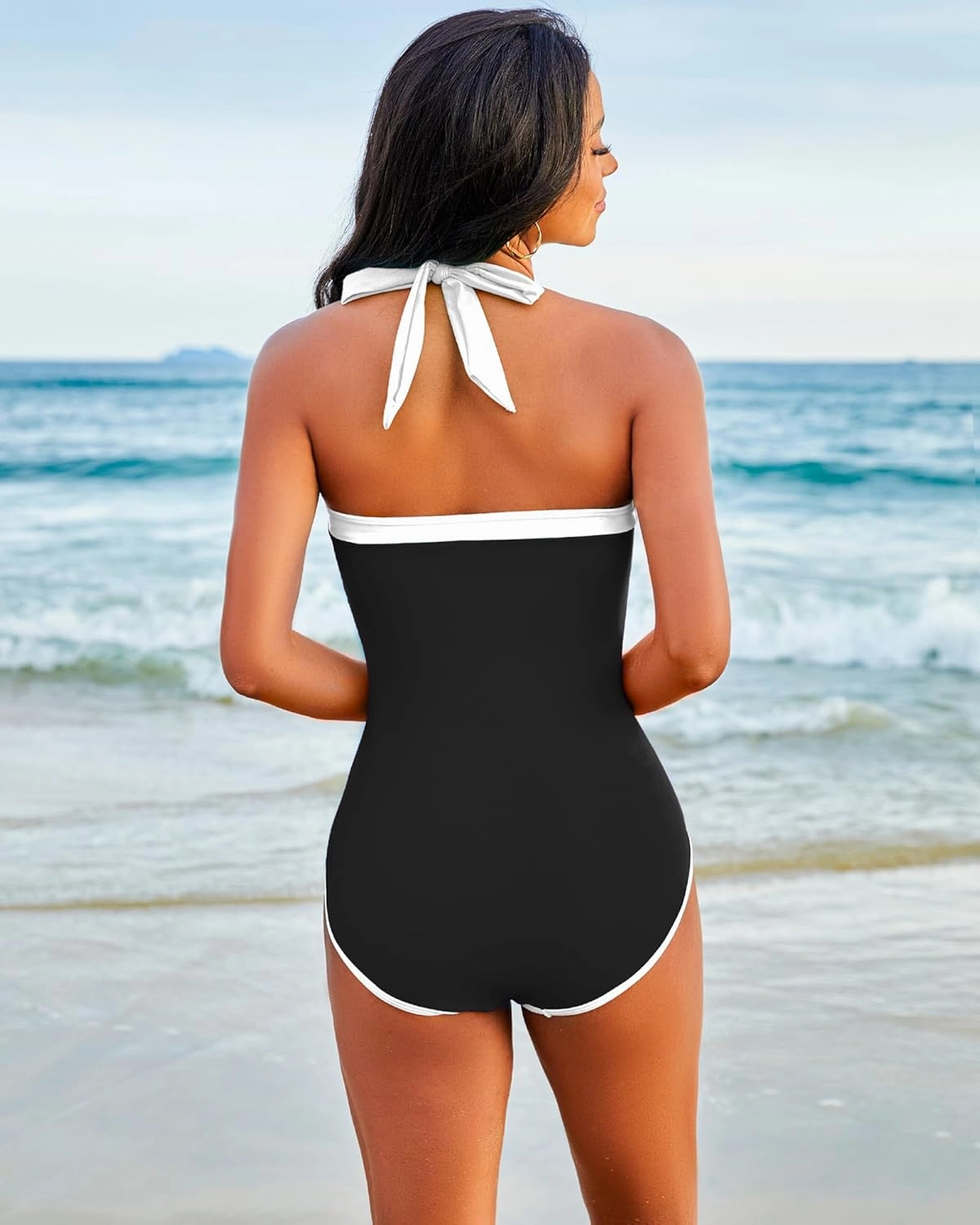 One Piece Swimsuit for Curvy Women - Tummy Control Bathing Suit Backless Color Block Halter Bandeau Modest Swimwear