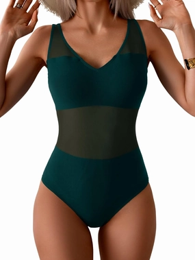 One Piece Swimsuit for Women Mesh Tummy Control Bathing Suit V Neck Slimming Swimwear