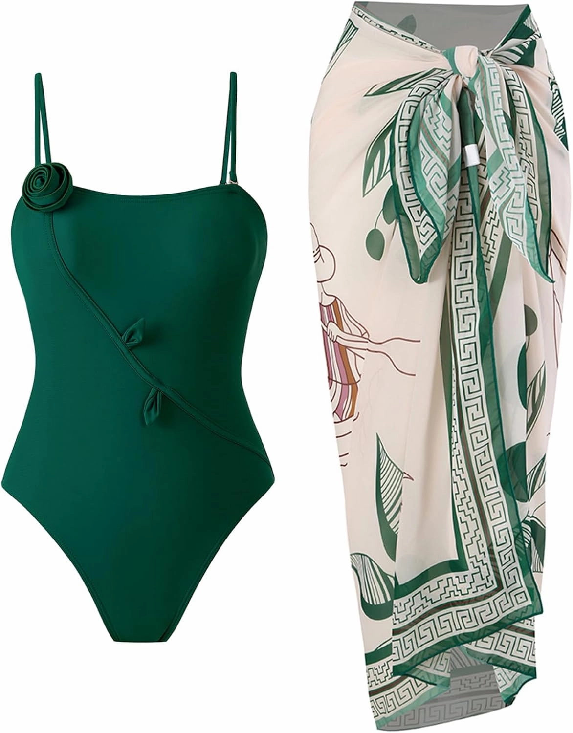 One Piece Swimsuit Women with Cover Up Set Retro Bathing Suit for Women Tummy Control Beach Wrap Skirt