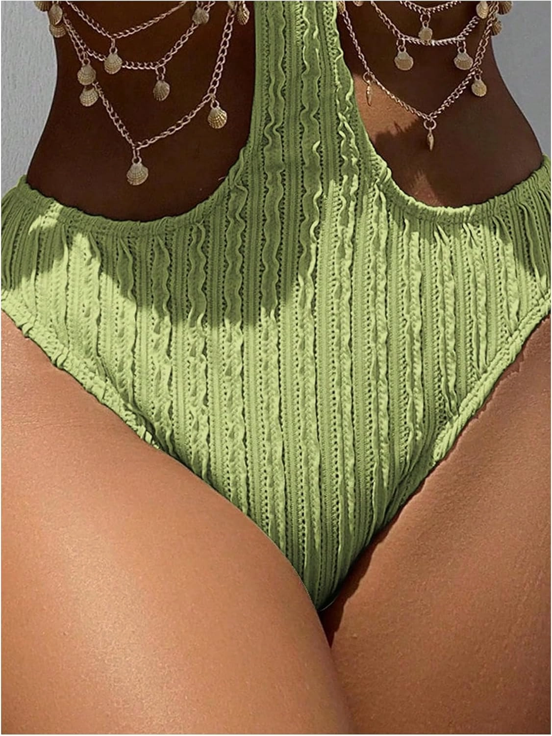 OYOANGLE Women's Ring Linked Cut Out One Piece Swimsuits Textured Tie Backless Halter Bathing Suit Monokini