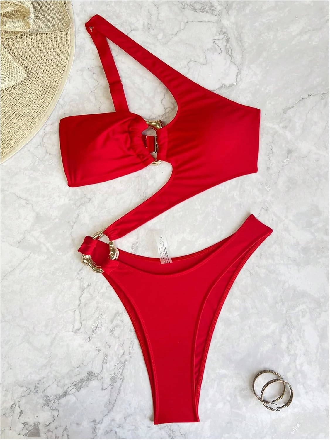 OYOANGLE Women's Ring Linked Cut Out One Shoulder One Piece Swimsuit High Cut Bathing Suits
