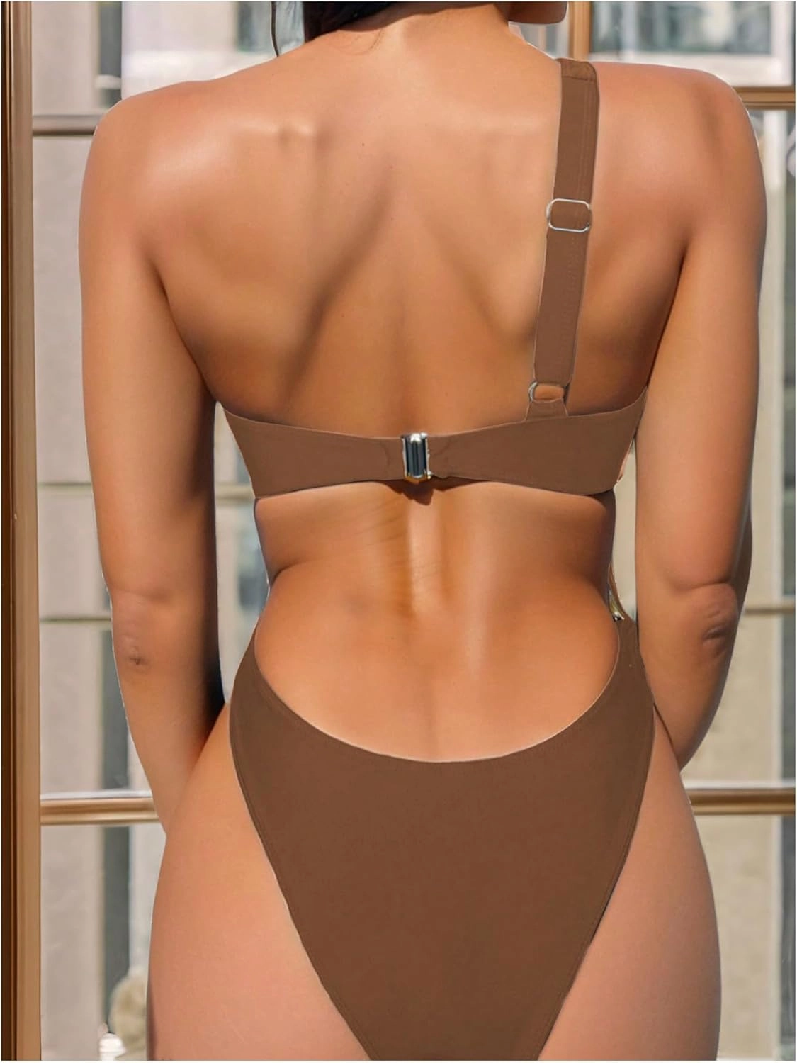 OYOANGLE Women's Ring Linked Cut Out One Shoulder One Piece Swimsuit High Cut Bathing Suits