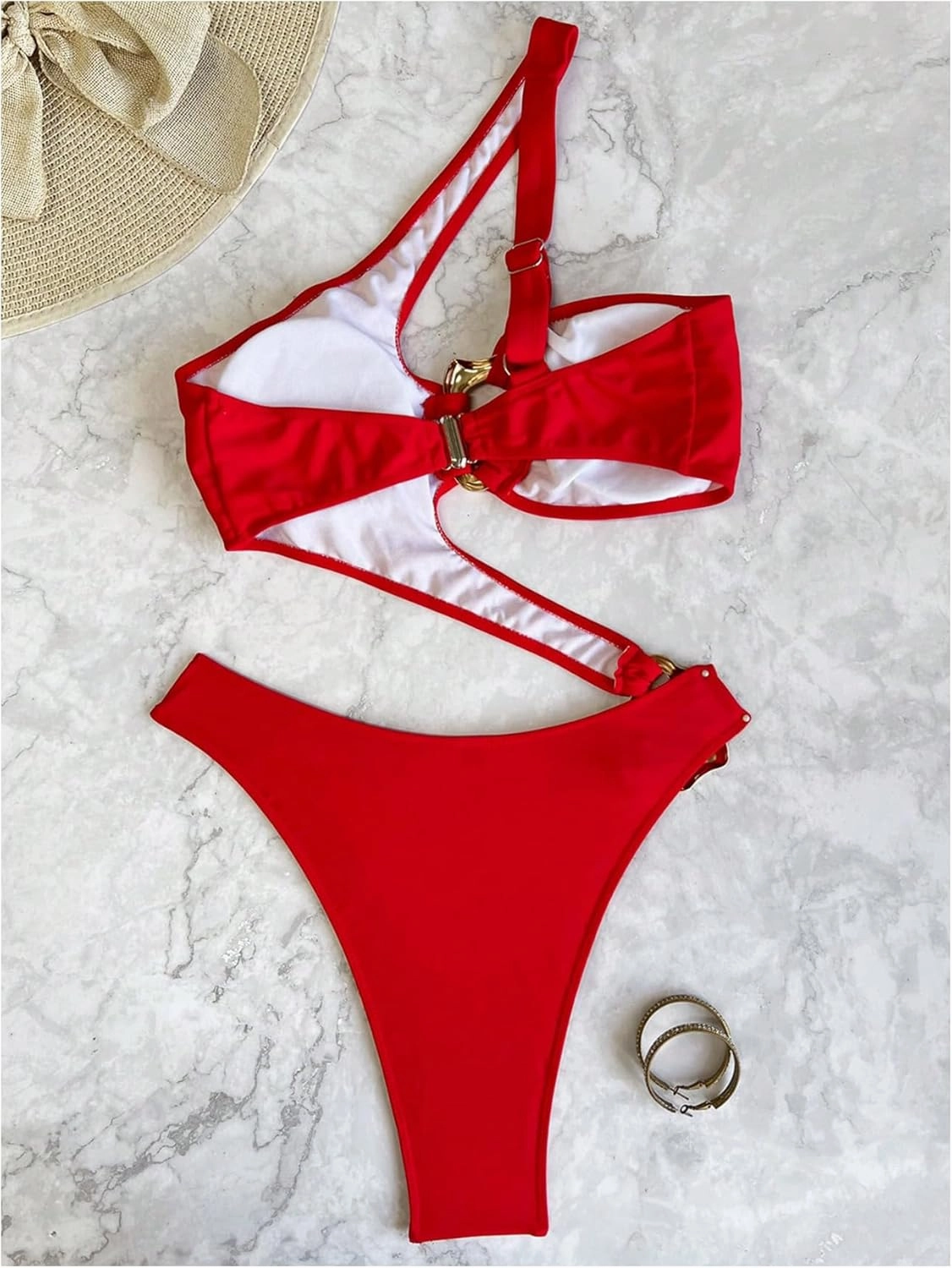 OYOANGLE Women's Ring Linked Cut Out One Shoulder One Piece Swimsuit High Cut Bathing Suits