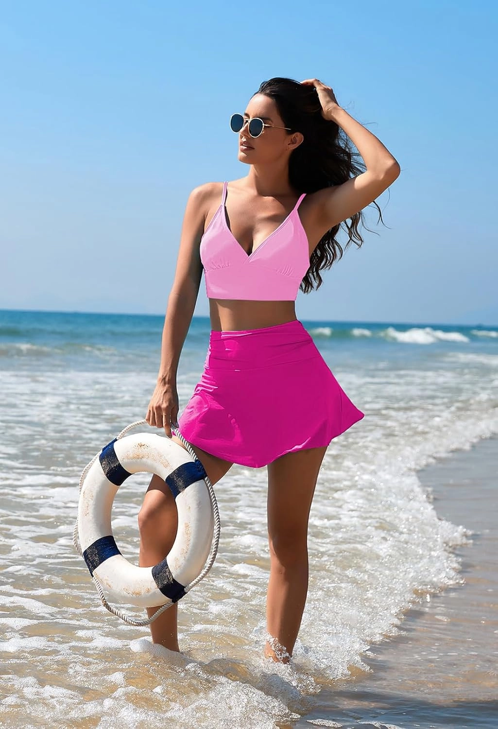 Pink Queen Women's High Waisted Bikini Set Two Piece Swimsuit V Neck Spaghetti Straps Swim Skirt Bathing Suit