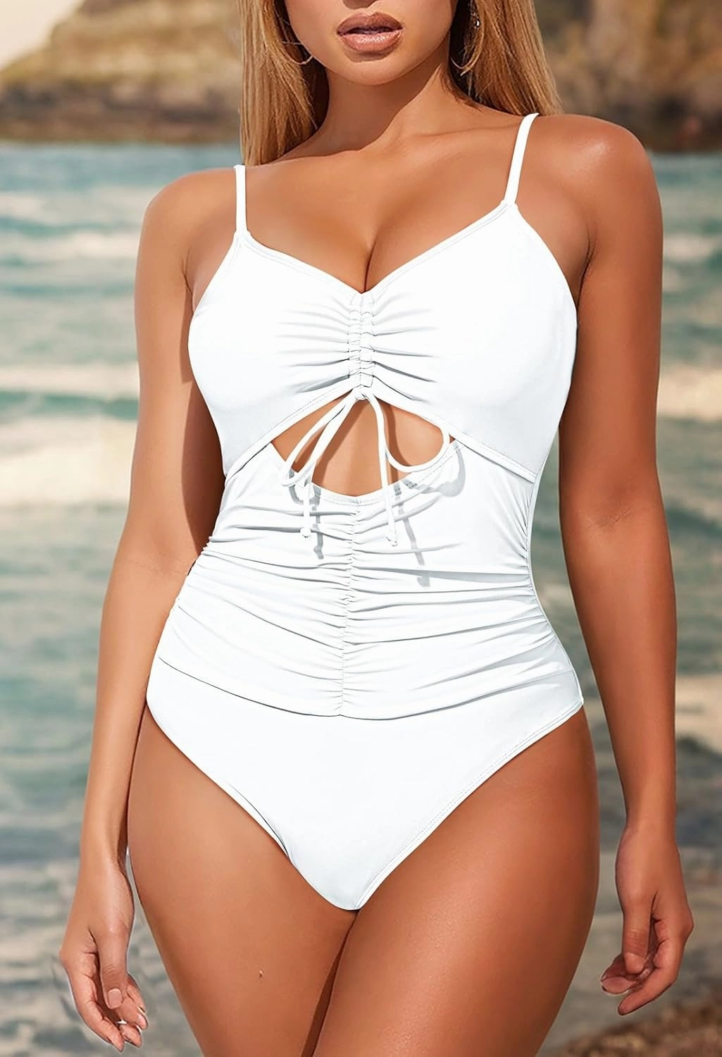 Pink Queen Women's One Piece Swimsuits 2025 Sexy Tummy Control Drawstring Bathing Suit V Neck Cutout Ruched Swimwear