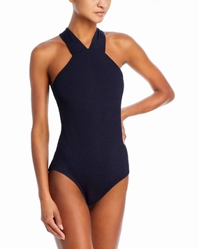 Plisse High Neck One Piece Swimsuit In Black