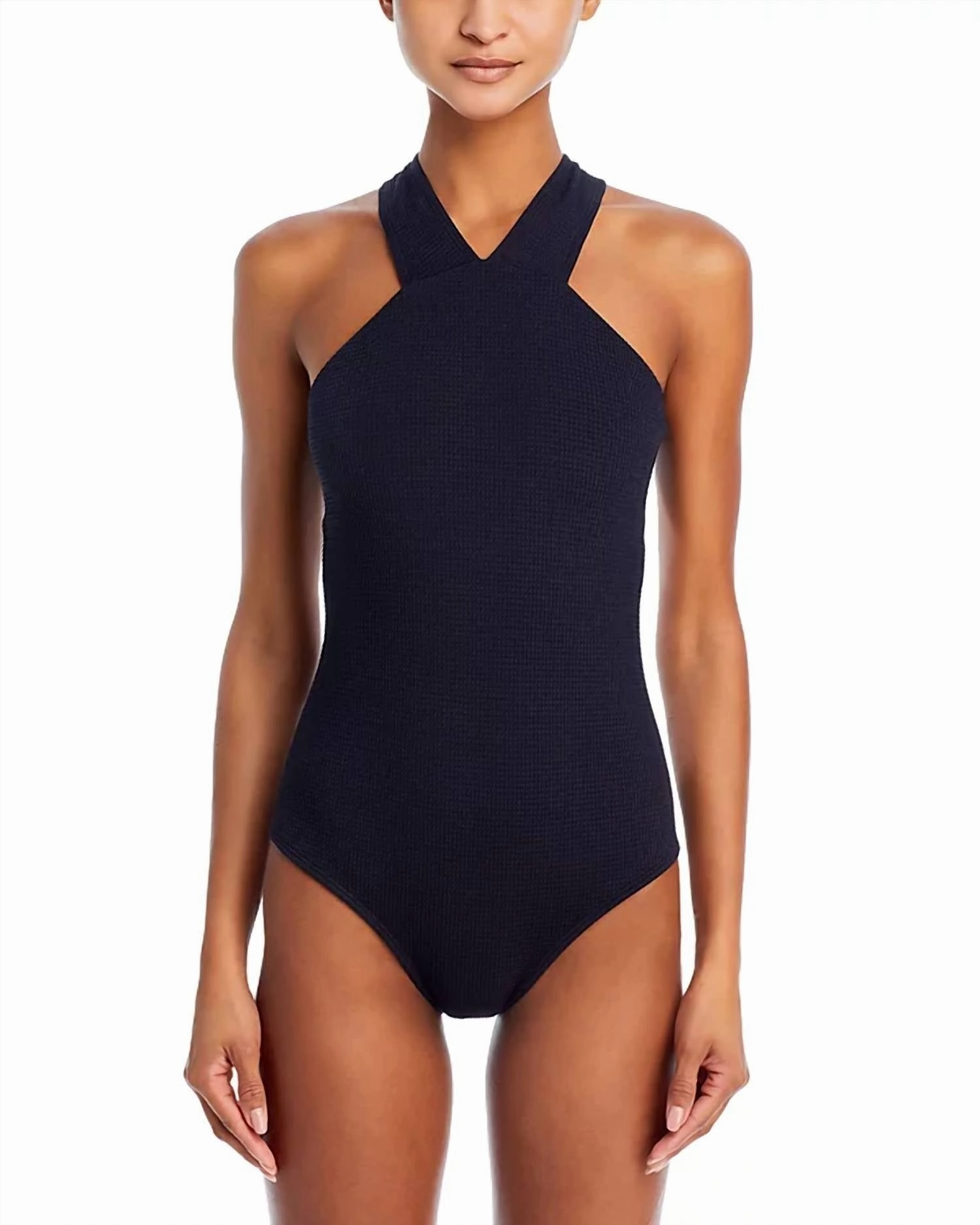 Plisse High Neck One Piece Swimsuit In Black