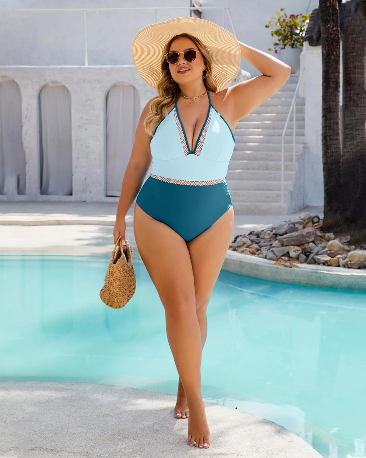 Plus Size Swimsuit for Women One Piece Tummy Control Bathing Suit Halter Backless Slimming Mesh Color Block Modest