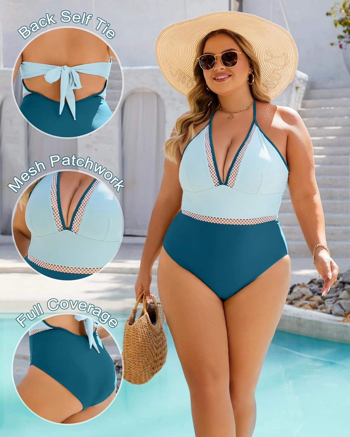 Plus Size Swimsuit for Women One Piece Tummy Control Bathing Suit Halter Backless Slimming Mesh Color Block Modest