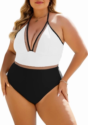 Plus Size Swimsuit for Women One Piece Tummy Control Bathing Suit Halter Backless Slimming Mesh Color Block Modest