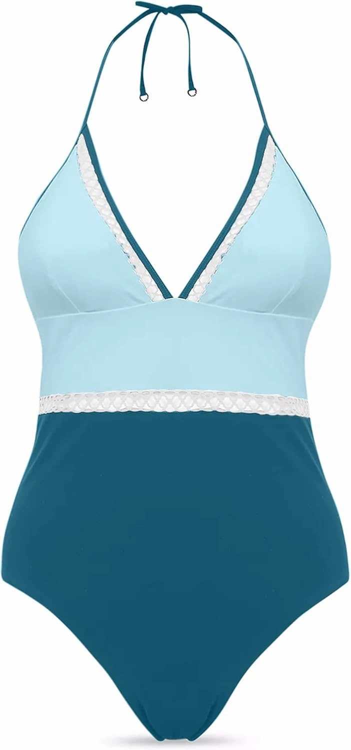 Plus Size Swimsuit for Women One Piece Tummy Control Bathing Suit Halter Backless Slimming Mesh Color Block Modest