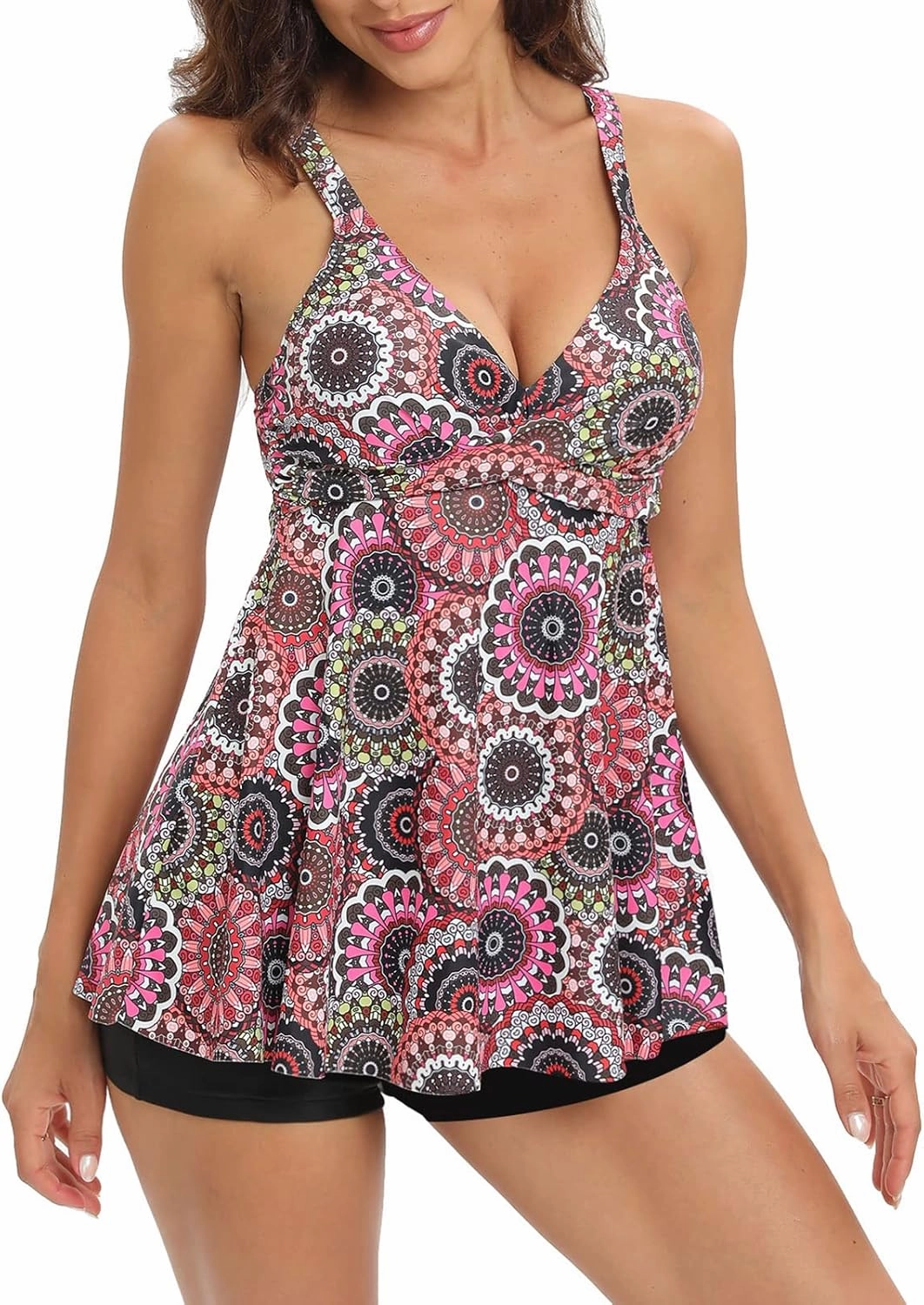 SEAFORM Women's Tankini Bathing Suits Two-Piece Tummy Control Swim Dress High Waist Printing Padded Swimsuits with Boyshorts