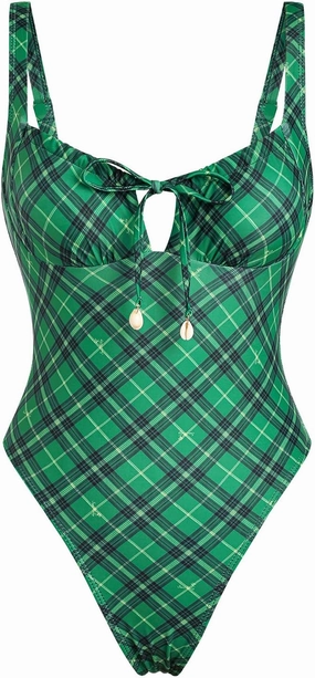 seamoly Blue Gingham Tie Around Criss Cross Backless Plunging Neck One-Piece Swimsuit