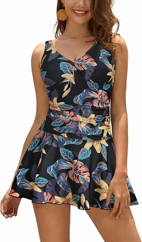 SHEKINI Women's V Neck One Piece Skirt Swimsuit Ruched Retro Swimdress Bathing Suit