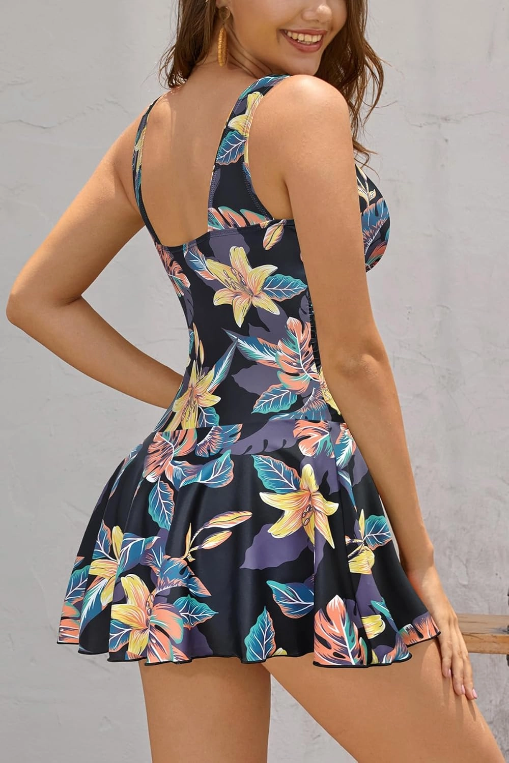 SHEKINI Women's V Neck One Piece Skirt Swimsuit Ruched Retro Swimdress Bathing Suit