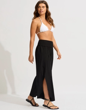 Shirred Waist Wrap Beach Trousers - Black