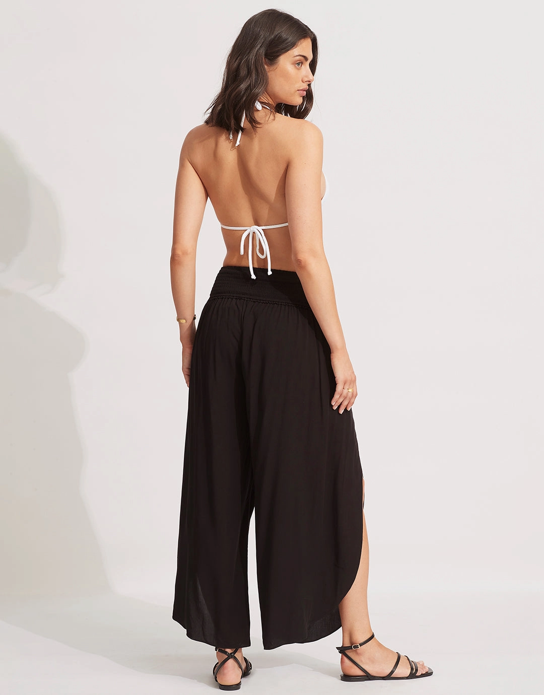 Shirred Waist Wrap Beach Trousers - Black