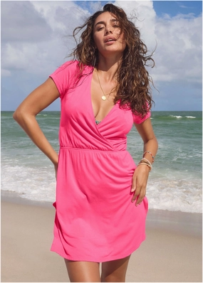 Short Sleeve Cover-Up Dress - Bright Pink