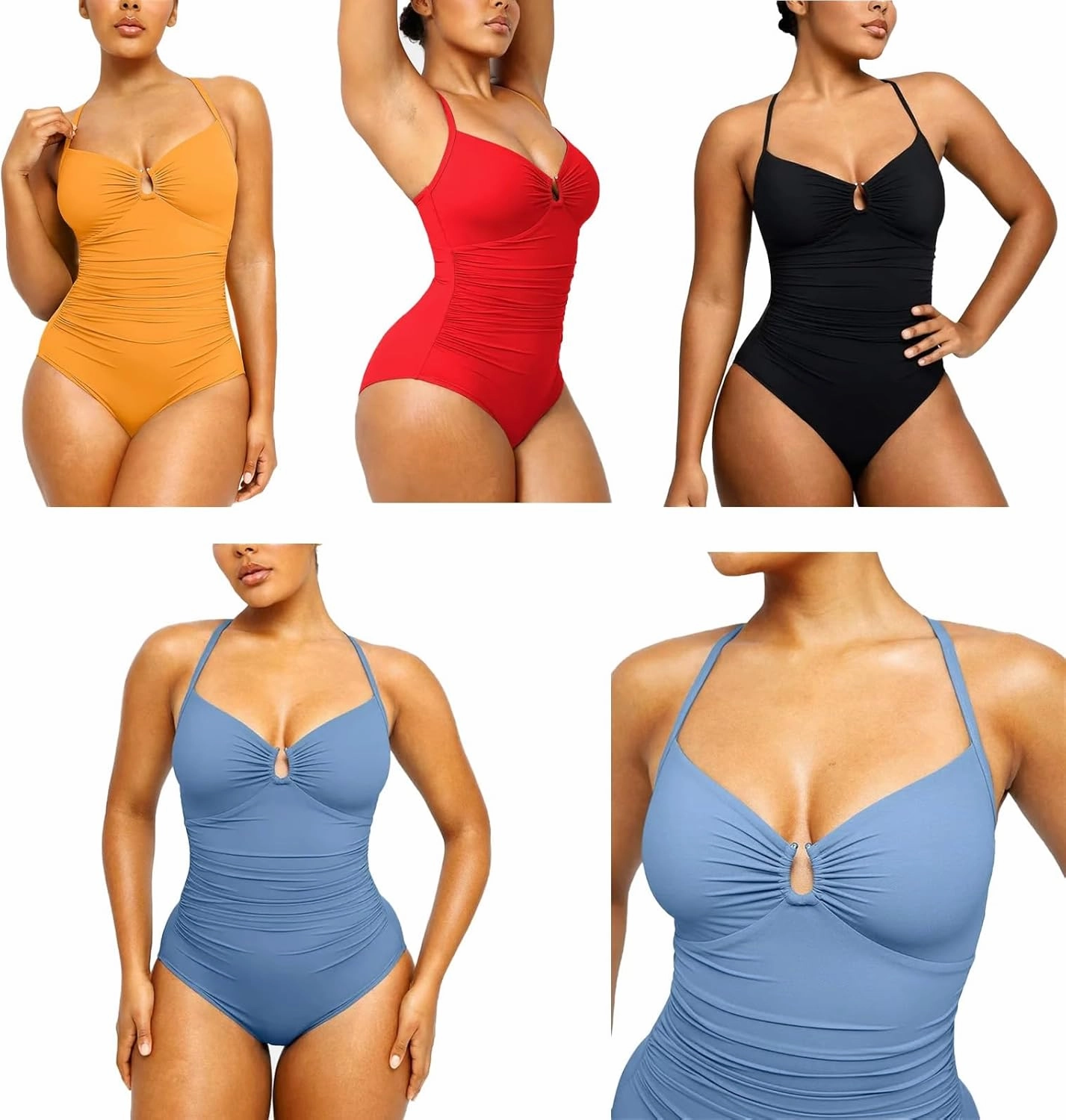 Smart Sculpt U-Ring Cut Out Shaping Swimsuit, Womens One Piece Bathing Suit Ruched Push up Swimwear