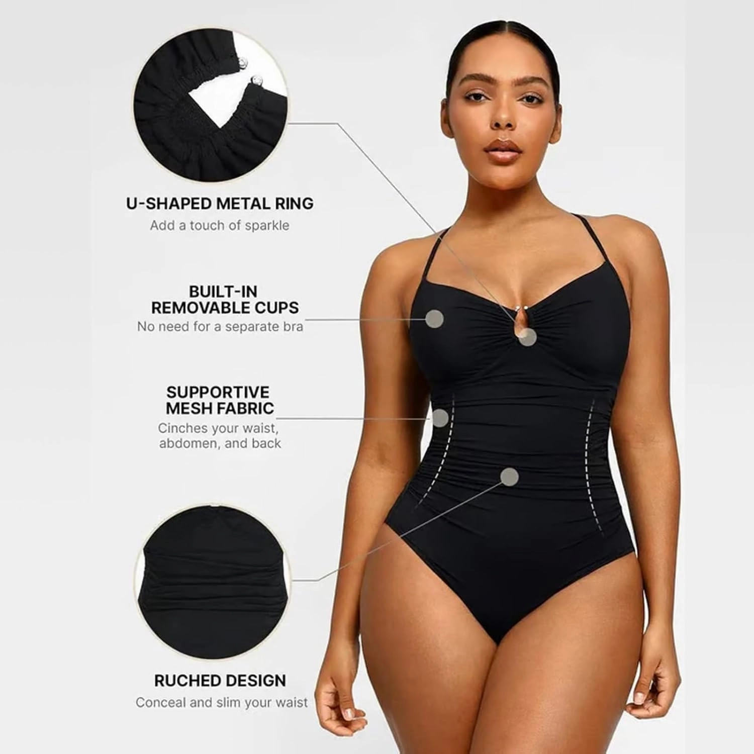 Smart Sculpt U-Ring Cut Out Shaping Swimsuit, Womens One Piece Bathing Suit Ruched Push up Swimwear