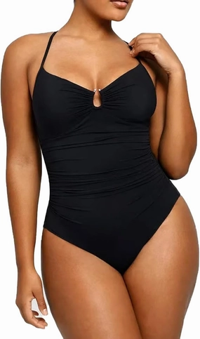 Smart Sculpt U-Ring Cut Out Shaping Swimsuit, Womens One Piece Bathing Suit Ruched Push up Swimwear